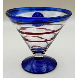 Kosta Boda Hand Blown Royal Caribbean Martini Desert Glass Red Swirl Blue Rim